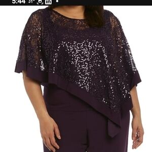 From Davids Bridal Sequined Lace Poncho Top Pant Suit in Deep Plum.